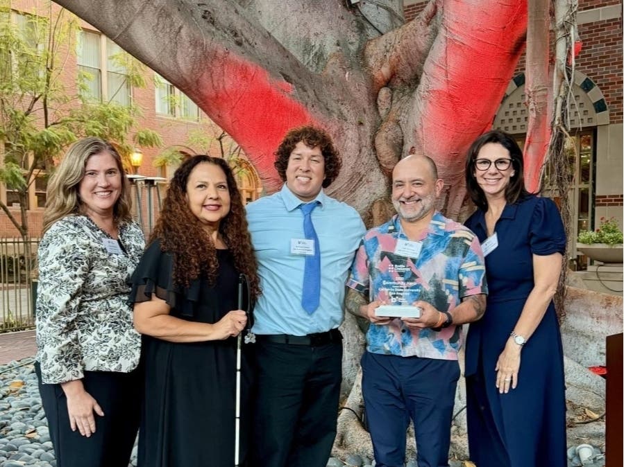 From left, Allison Burdett, chief program officer, Braille Institute; Jacky Garcia, international programs resource specialist, Braille Institute; and Cal State LA faculty members Nicholas Casias (coordinator), Lalo Quezada, and Nicole Myers.