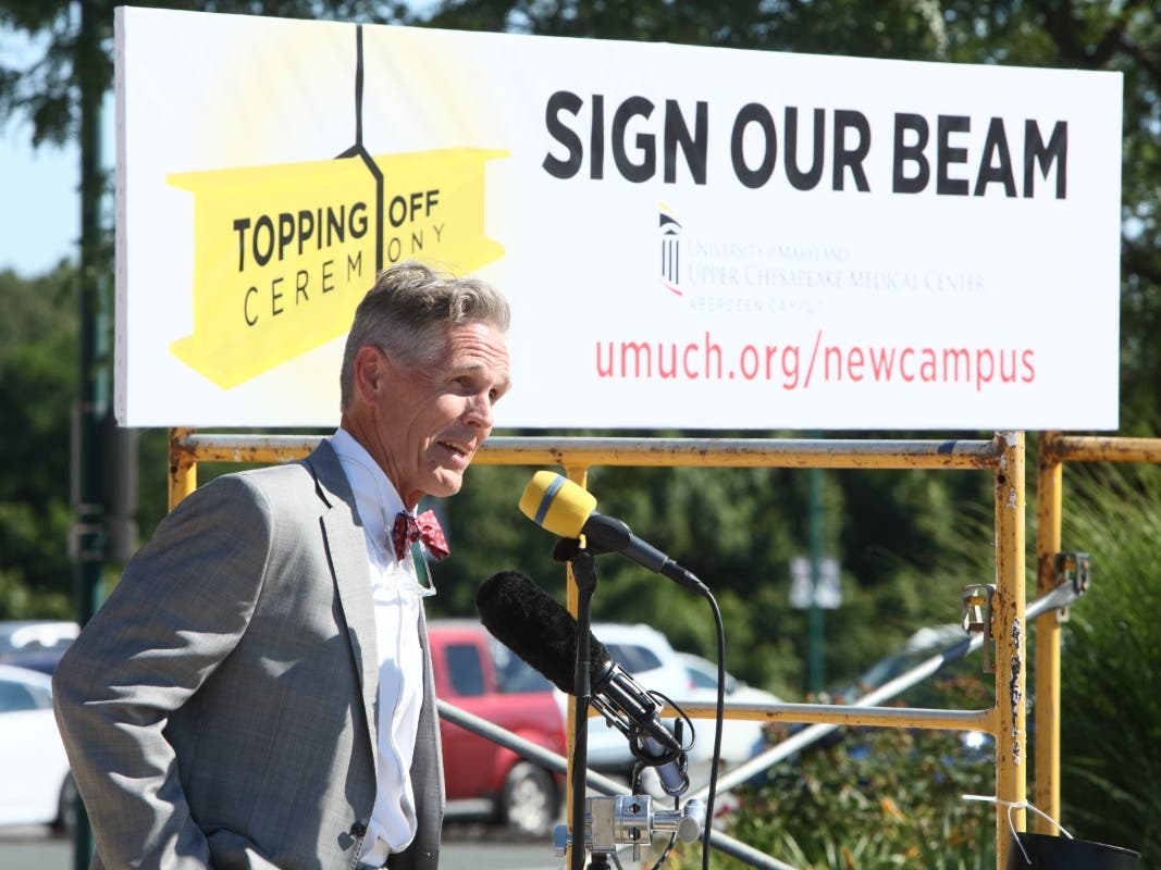 Lyle Sheldon, President and CEO of University of Maryland Upper Chesapeake Health, speaks during the topping off ceremony for the new Aberdeen medical campus on June 24. 