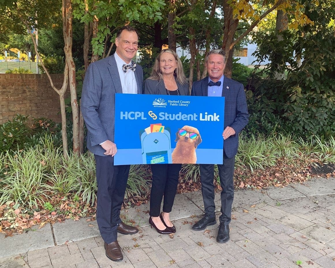 Joining Harford County Public Library CEO Mary Hastler at the unveiling of HCPL Student Link are Superintendent of Harford County Public Schools Dr. Sean Bulson and Harford County Executive Barry Glassman. 
