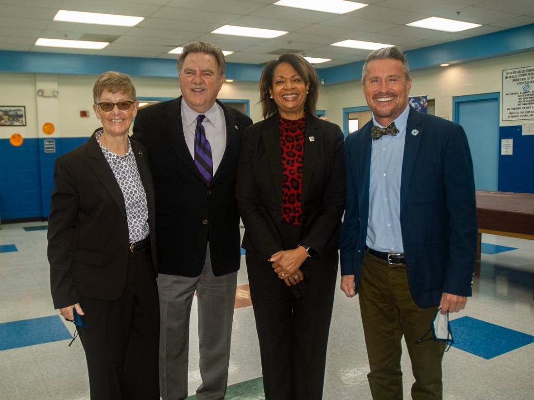 Dr. Theresa B. Felder, president of Harford Community College (second right), is joined by Carlene Cassidy, Dr. James Fielder and Harford County Executive Barry Glassman at the Leading Edge Training Center ribbon cutting Nov. 12. 