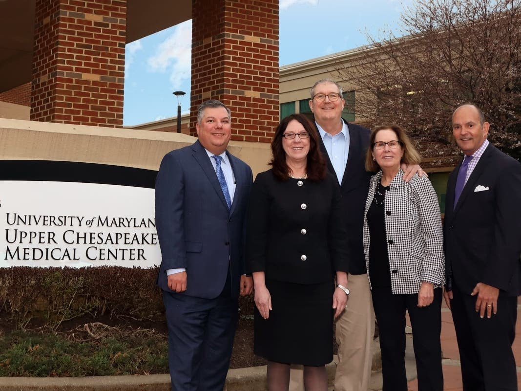 Elizabeth Wise, president and chief executive officer of University of Maryland Upper Chesapeake Health (second left), joins Ken Ferrara, Craig Ward, Terri Garland and Jay Young to celebrate the announcement of the Your Health, Our Mission campaign.