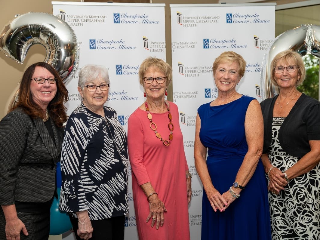 Among the guests at the Chesapeake Cancer Alliance’s 20th anniversary luncheon were Elizabeth Wise, FACHE, President and CEO of UM Upper Chesapeake Health, and CCA members Kitty Pickett, Kathy Welch, Sandy Guzewich and Gail Cook. 