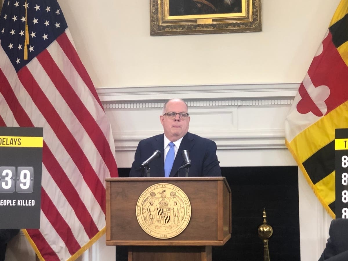 Gov. Larry Hogan, R, announces the redesignation of his crime bills as “emergency legislation” during a Feb. 20, 2020, press conference in Annapolis.
