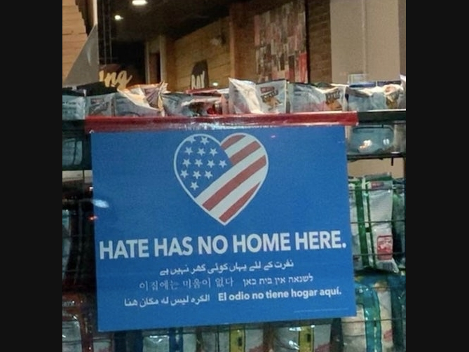 A new sign at Box Hill Pizzeria & Crabcakes reads: "Hate has no home here."