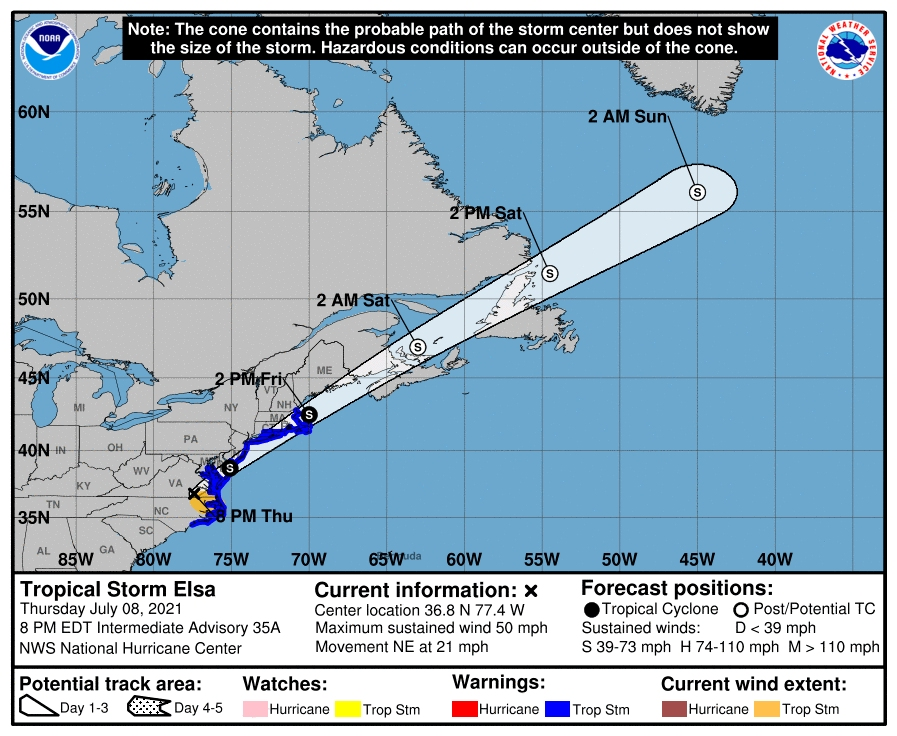 Tropical storm Elsa is expected to swipe Maryland Thursday night, with several Eastern Shore counties and Ocean City under a tropical storm warning and tornado watch. Other counties from Harford to Prince George's are under a flash flood watch.