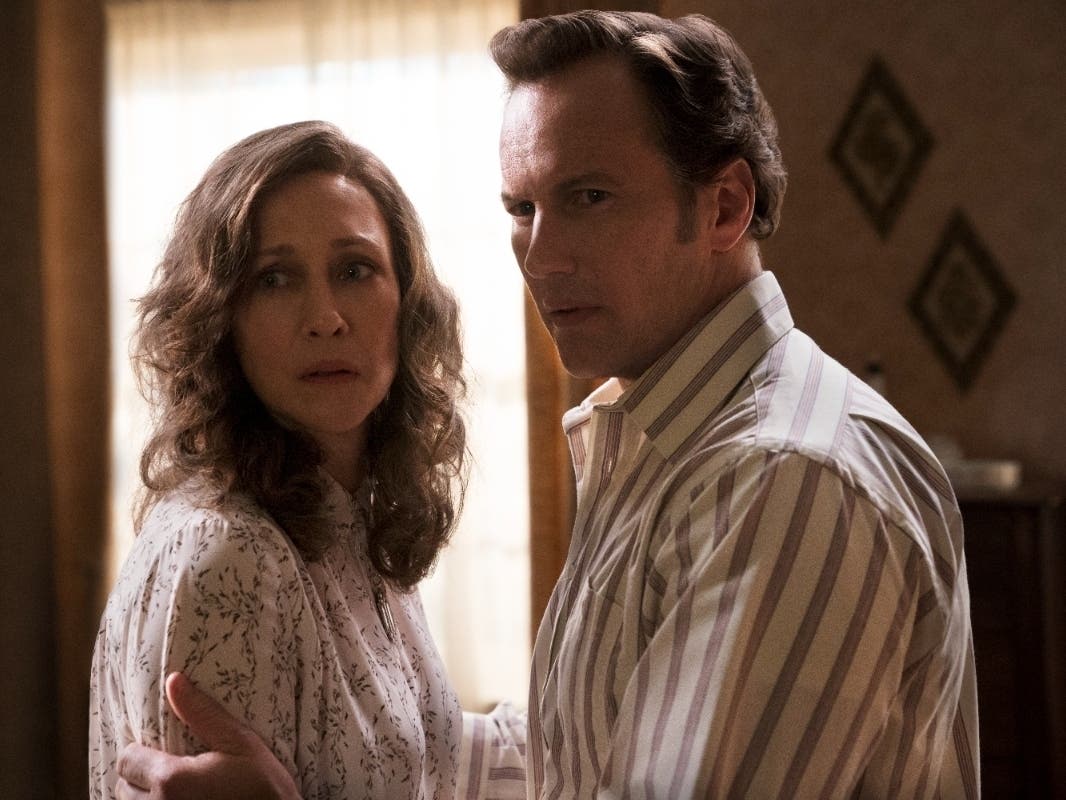 Vera Farmiga (left) and Patrick Wilson in "The Conjuring: The Devil Made Me Do It." 