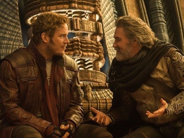 Chris Pratt (left) and Kurt Russell star as a father-son duo in "Guardians of the Galaxy Vol. 2."