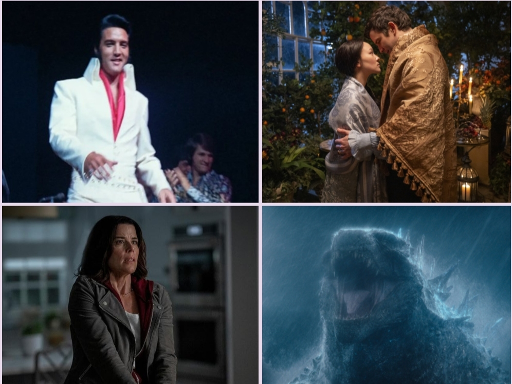 Clockwise from top left: "Elvis Presley in Concert," "Bridgerton" Season 4 Part 2, "Monarch: Legacy of Monsters" Season 2, and "Scream 7."