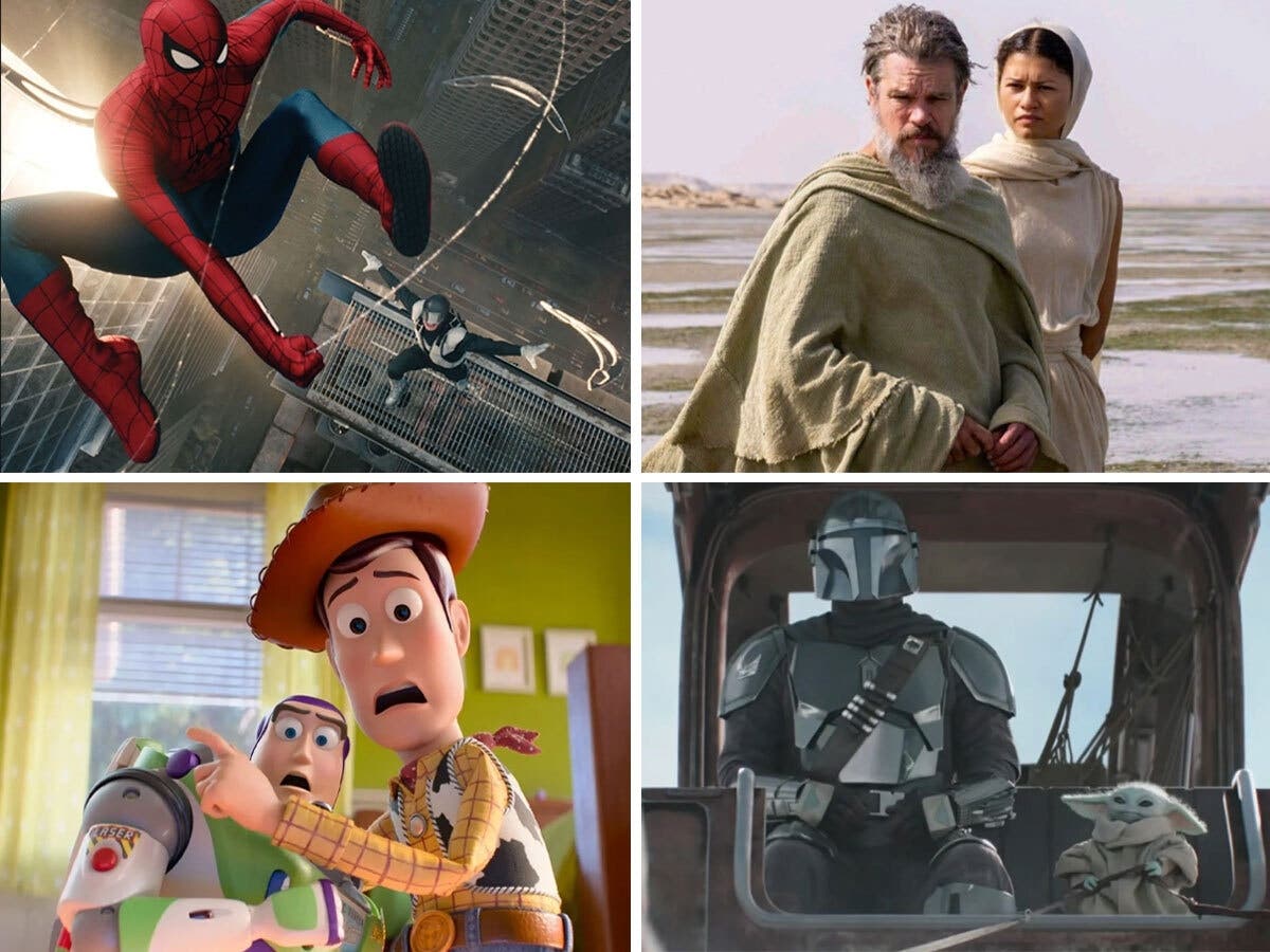 (Clockwise from top left) “Spider‑Man: Brand New Day,” “The Odyssey,” “The Mandalorian & Grogu,” “Toy Story 5”