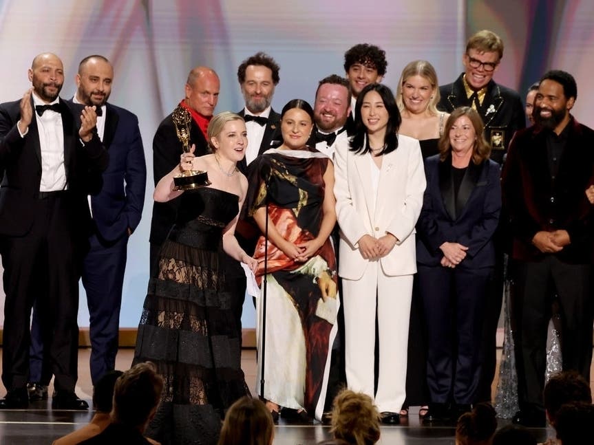 Cast and crew of "Widow's Bay" accept the Emmy for Outstanding Comedy Series at the 78th Primetime Emmy Awards.