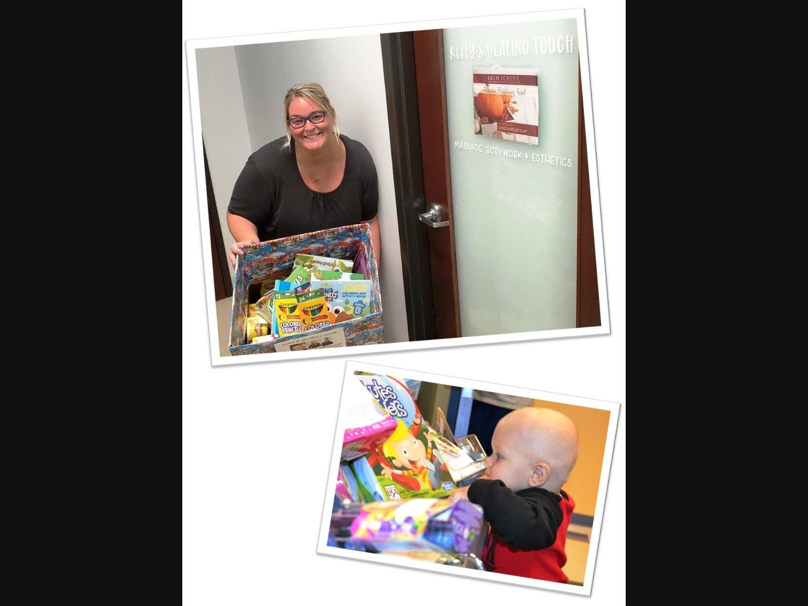 Top: Owner Kelly Kawczynski,  (Below): One-year-old Jacob Abraham peers into the Treasure Chest at Advocate Hope Children’s Hospital, Oak Lawn, IL in 2014.             