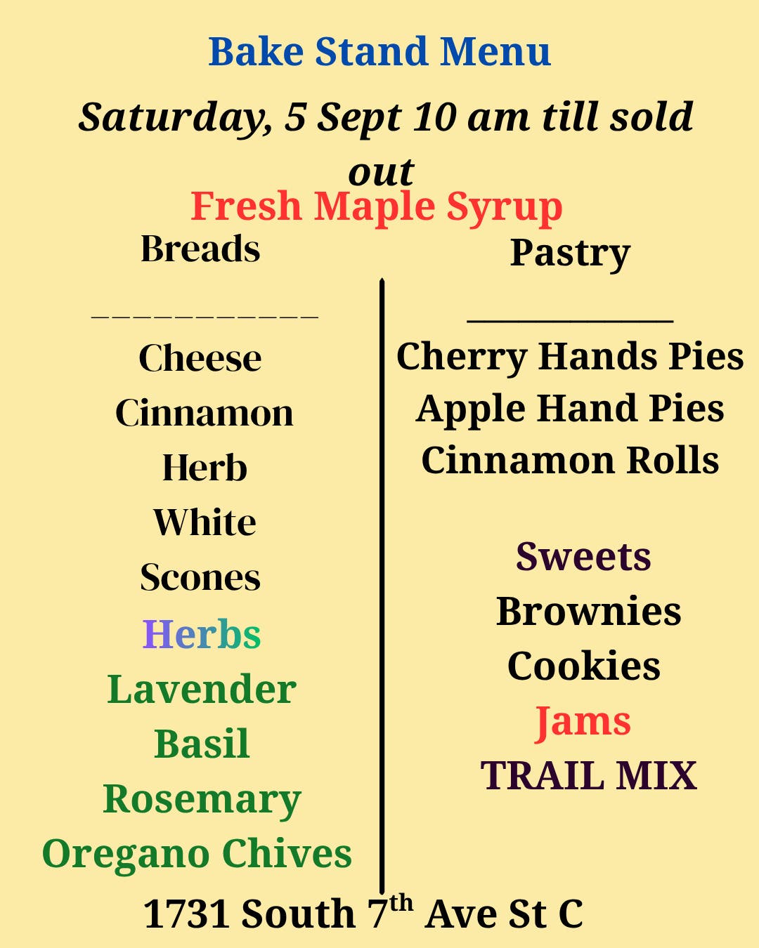 7th Ave Bake Stand INCLUDING Hand PIES and breads and cakes