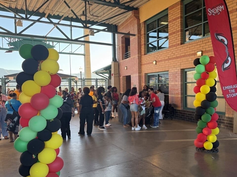 Guests wait in line to buy tickets for the Juneteenth celebration at Diamond Stadium in Lake Elsinore, California on Friday, June 19, 2026.
