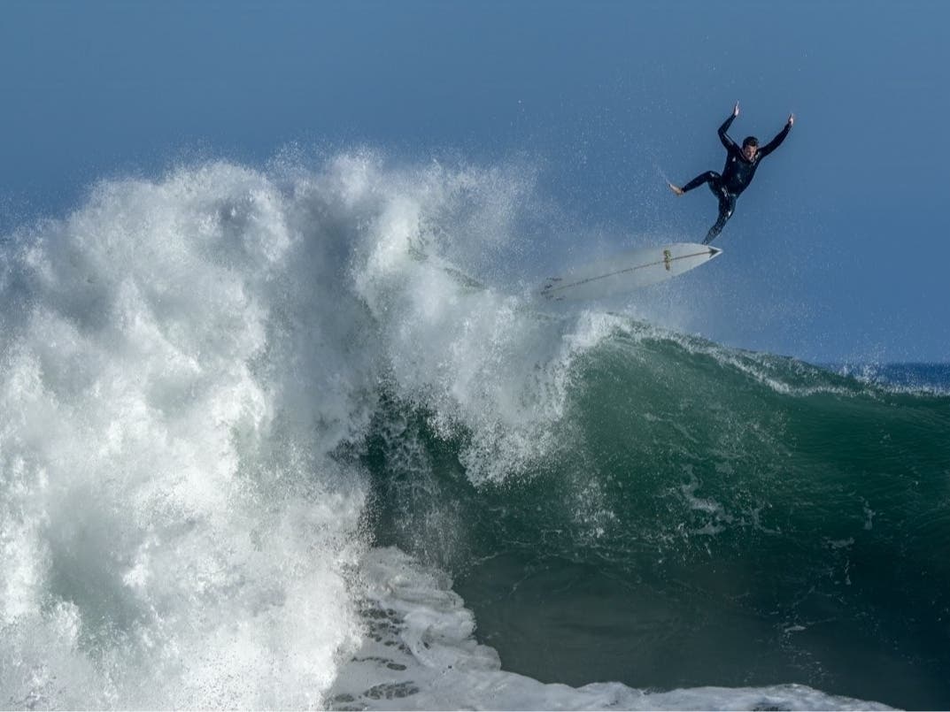 SoCal photographer Steve Deck was shooting at the Wedge in Newport Beach when he captured this awe-inspiring shot of a surfer exiting a wave in a dramatic fashion.