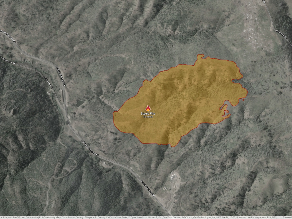 This map shows the Steele Fire perimeter as of 2:20 p.m. Wednesday.