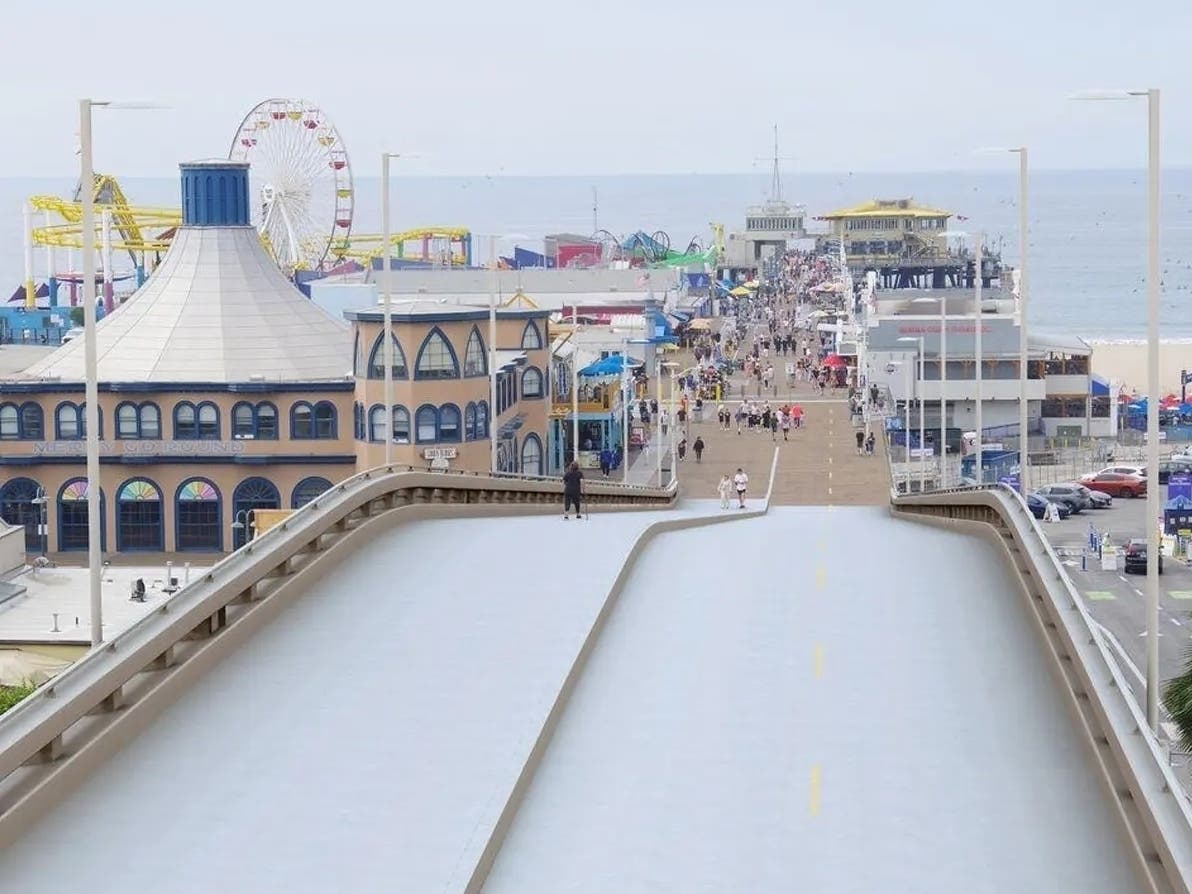 A city rendering shows the planned replacement for the Santa Monica Pier bridge, which will feature a wider pedestrian walkway, new lighting and railings.
