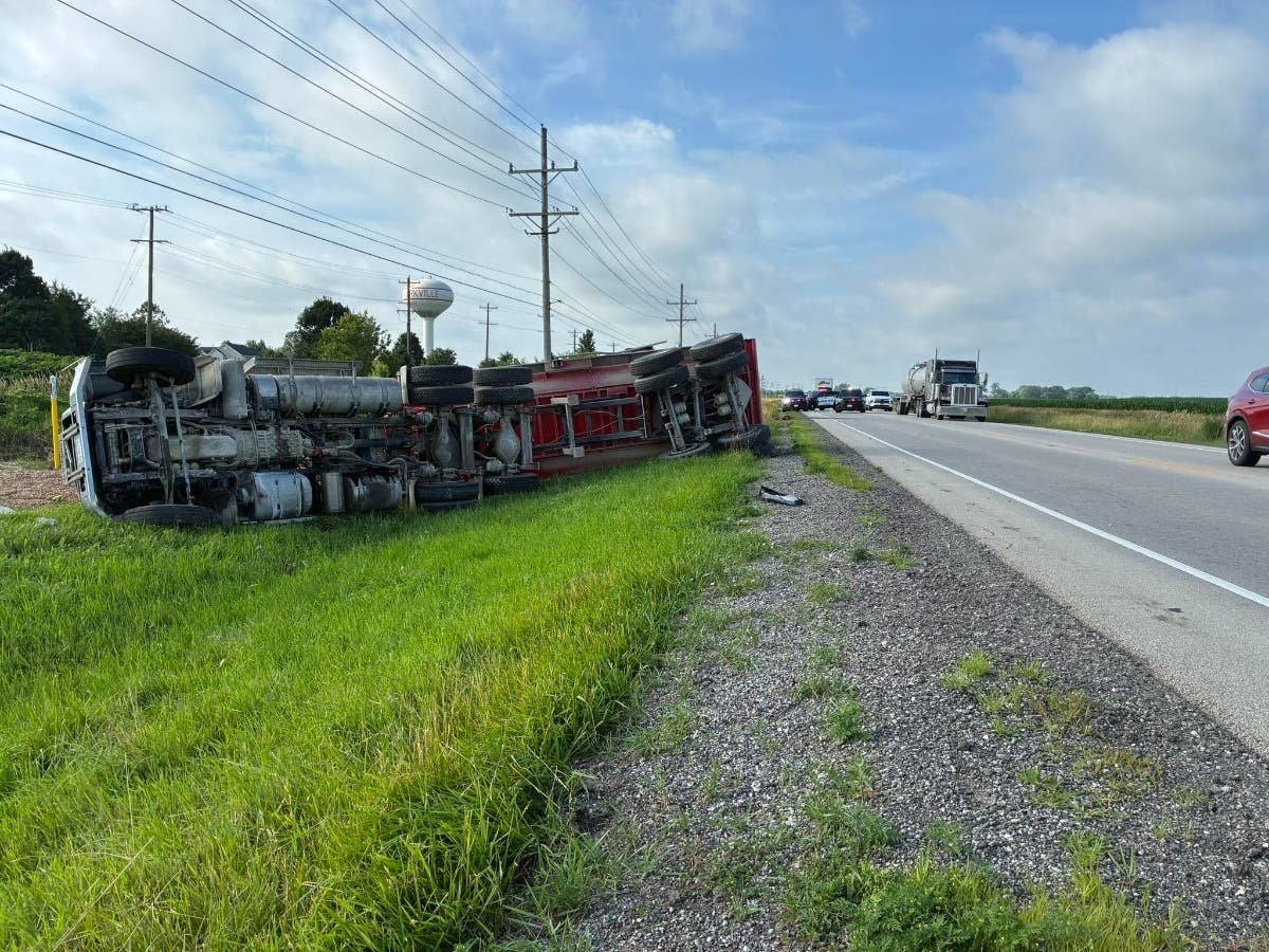 A crash left a semi overturned into a ditch on Route 47 on Monday morning.