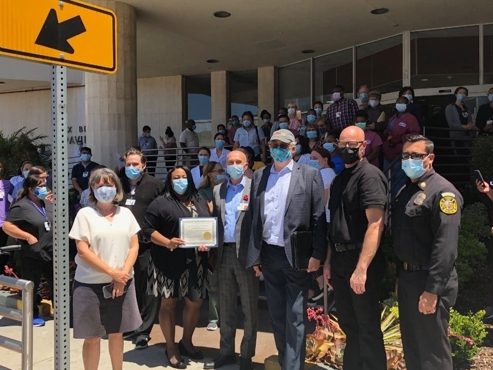 Culver City Police officers recognized health care workers at Southern California Community Hospital in Culver City Wednesday.