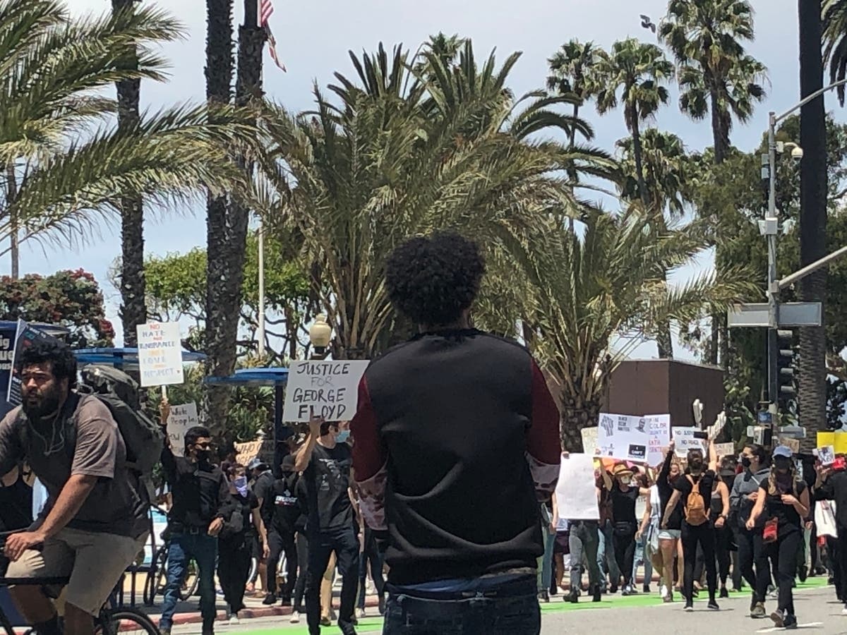 Hundreds protest in Santa Monica along Ocean Avenue in response to George Floyd's death. 