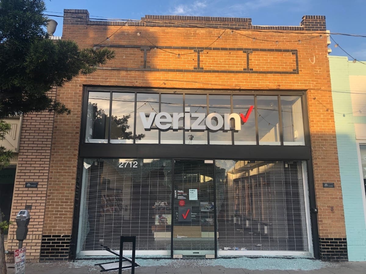 A damaged Verizon store on Main Street in Santa Monica.