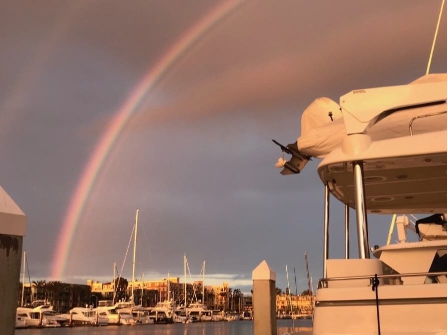 A rainbow appears over Marina del Rey. 