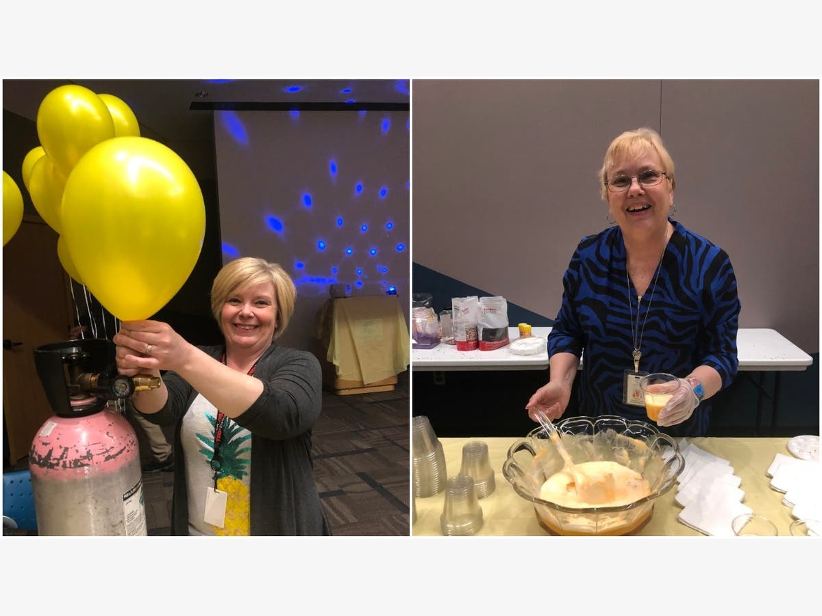 Program Librarian, Laura Fawcett is filling balloons, while Circulation Assistant, Judy Cox handles the punch bowl. 