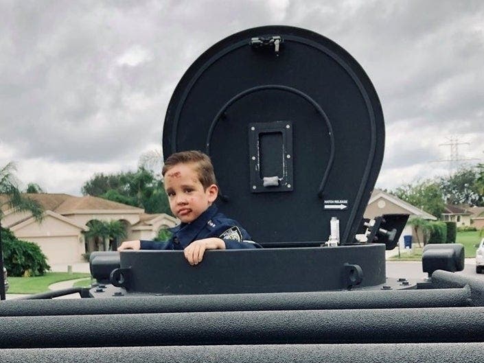 Dominick Keyes dressed as a SWAT team officer for Halloween, when he was struck by a pickup truck while trick-or-treating. As he recovers, the Pasco County, Florida, Sheriff’s Office visited him with a SWAT vehicle.