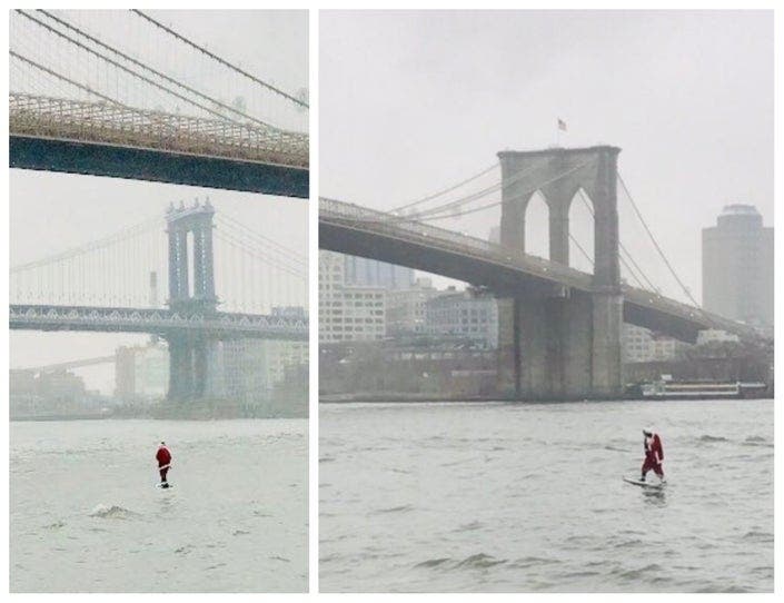 A hover-surfing Santa glides across the East River in New York City on Dec. 11. 