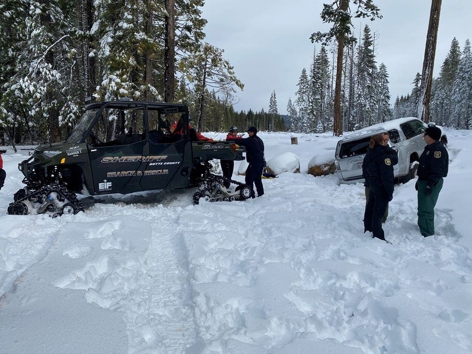 Paula Beth James, 68, of Oroville, California, had  been missing for a week when helicopter pilots spotted her SUV buried in the snow in the mountains near Butte Meadows. She was talking and in good spirits and is in stable condition at a Chico hospital.
