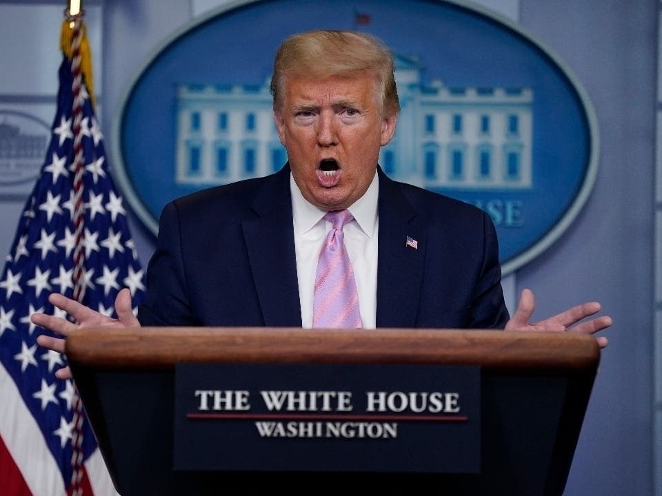 President Donald Trump speaks during a coronavirus task force briefing at the White House.