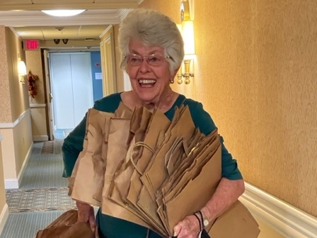 The late Sue Buswell started gathering bags for re-use during the COVID pandemic when meals were delivered to the door of each apartment in Residences at Vantage Point. 