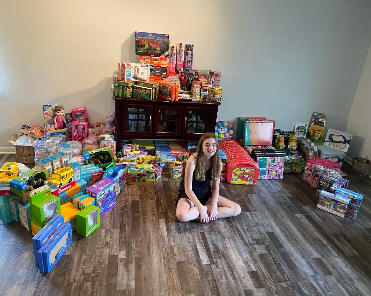 Camryn Cox, 11, with some of the donations she's compiled to give to Comer Children's Hospital. 