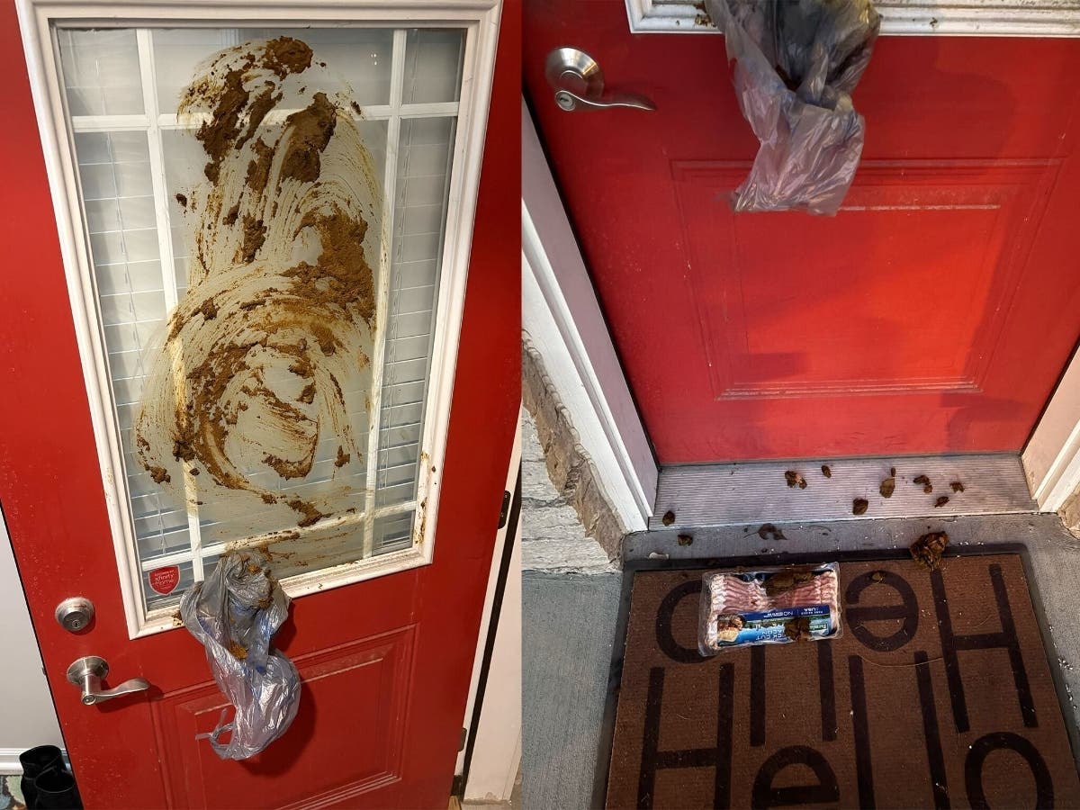 Dog feces is seen smeared on the door of a Tinley Park home Thursday morning, along with a package of bacon left on the stoop. 