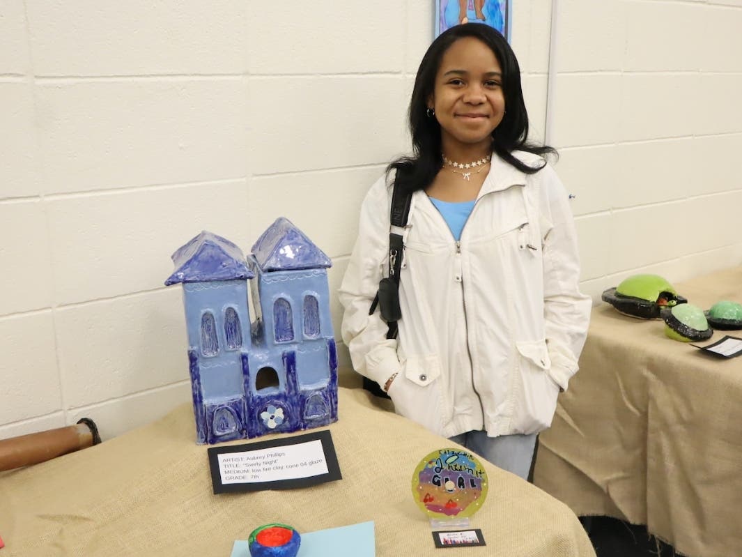 Seventh-grade student Aubrey Phillips shared that the most difficult part of her project, Swirly Night, a low-fire clay structure, was keeping all of the pieces together.