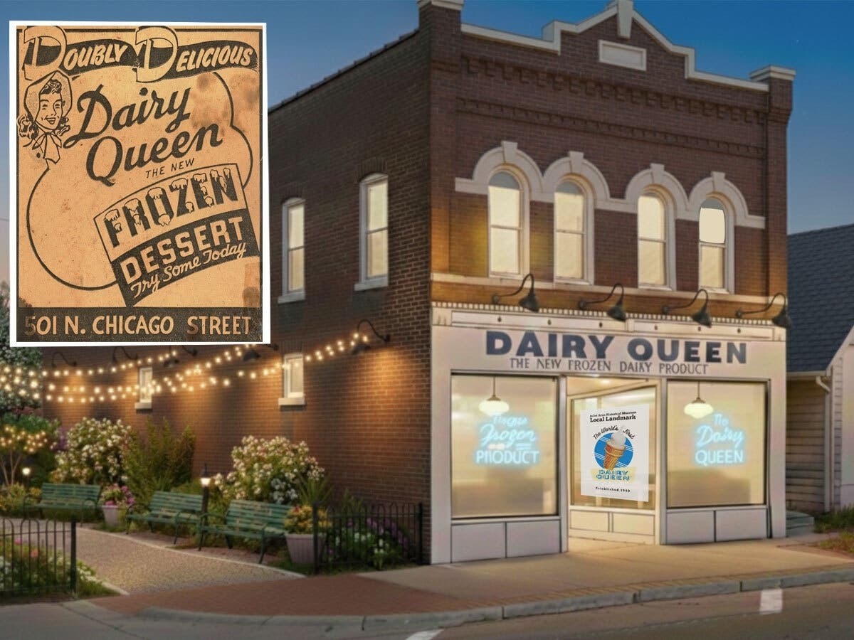 A rendering of how the world's 1st Dairy Queen building in Joliet will look after undergoing a "historically accurate facelift" in time for the Route 66 Centennial. In the upper left, an old ad from the Dairy Queen business. 