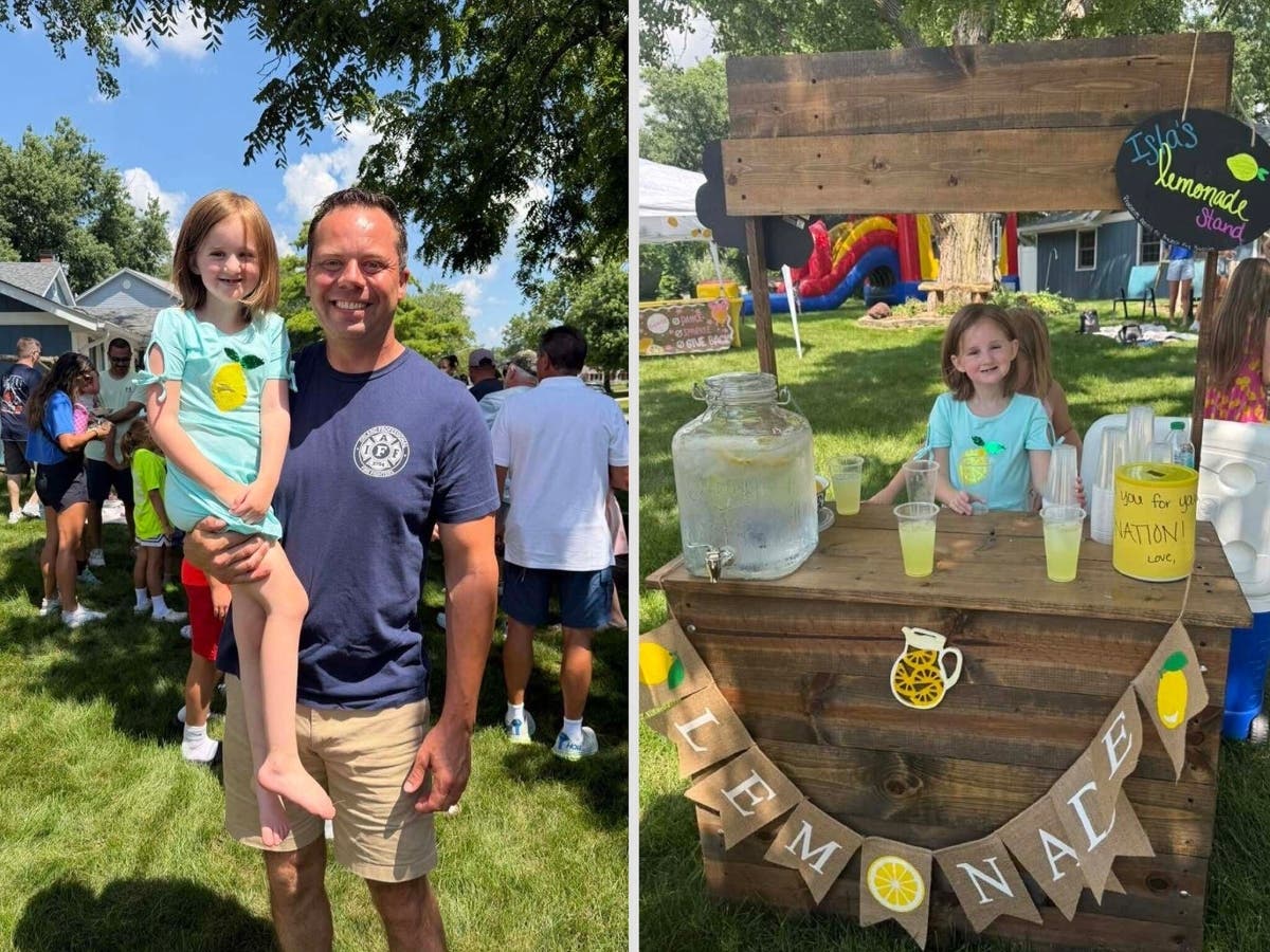 (Left) Isla Dorsey with her Fire Buddy and Orland Park Firefighter Mark Hogan, and at her lemonade stand to raise funds for Project Fire Buddies.