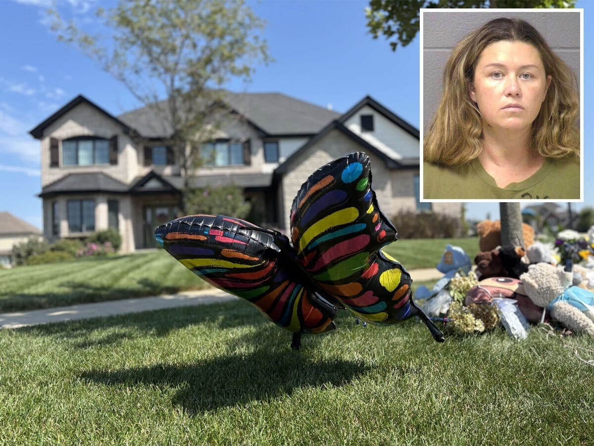 Corie Walsh (inset) is charged in the murder of her 2-year-old son. Balloons and stuffed bears could be seen at the Brook Stone Court home where prosecutors say it happened. 