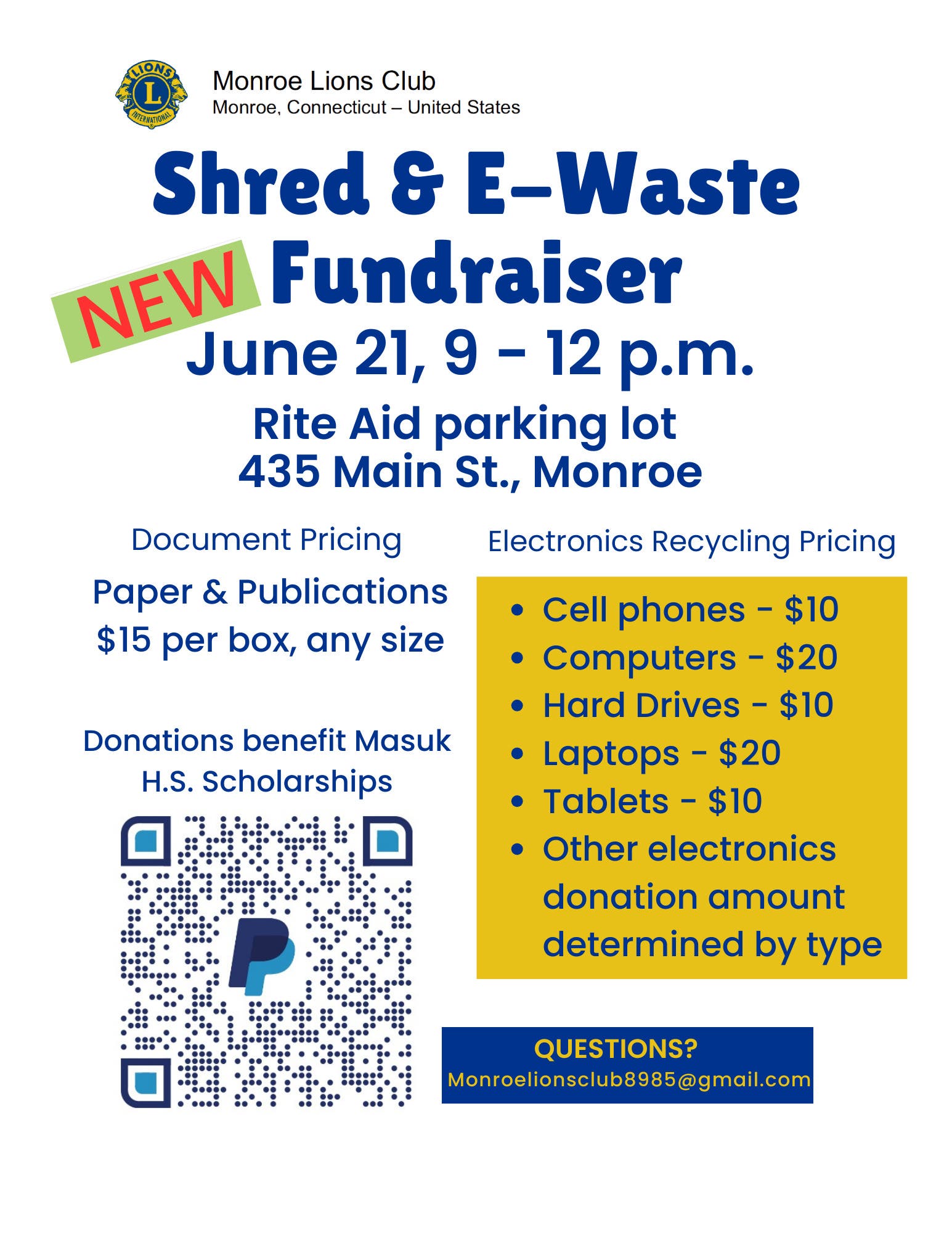 New Date for the Monroe Lions Club’s E-Waste and Paper Shred Fundraiser