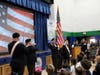 The Fourth Degree Knights of Columbus of the Fr. Donlin Assembly of St. Mary Church in New Haven march in procession to lead in the Pledge of Allegiance and the “Star Spangled Banner”.  