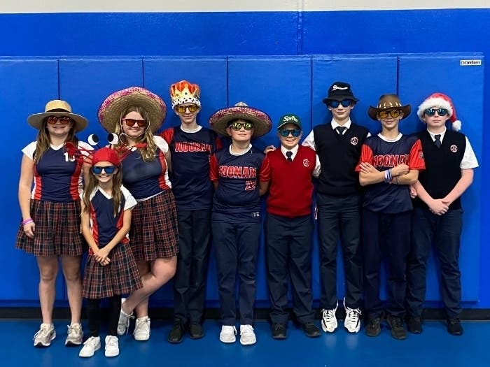 Noonan Academy Student Council brings the fun to the Fall Pep Rally! (L-R) Giulianna Ramus, Sophia Sikora, Ella Dahlman, Raymond Sikora, Mariano Valentini, Mason Vallow, Andrew Lacny, Sawyer Aceves, and Ryan Noonan.