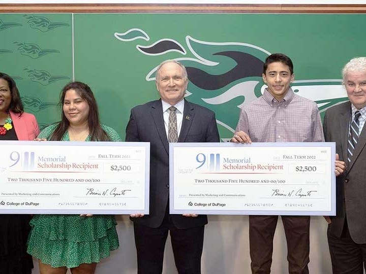 COD Leadership present the inaugural 9/11 Memorial Scholarship to recipients at the College's Glen Ellyn campus.