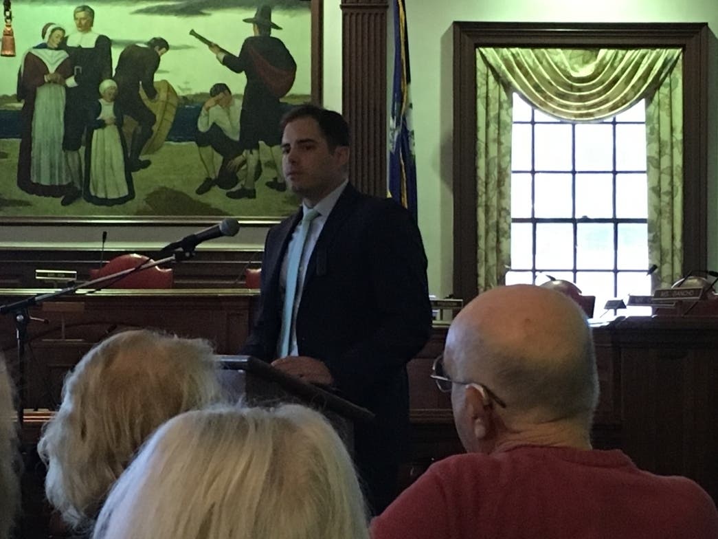 Patrick Carleton gives a presentation Tuesday about community feedback on the Shakespeare theater site.