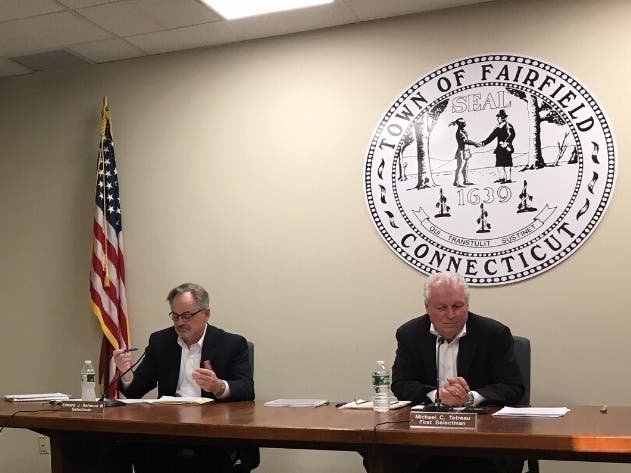 Selectman Ed Bateson and First Selectman Mike Tetreau attend Wednesday's Board of Selectmen meeting.