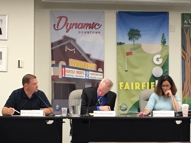 Fairfield schools Vice Chair Nick Aysseh (from left), Superintendent Mike Cummings and Chair Christine Vitale attend Tuesday's meeting.