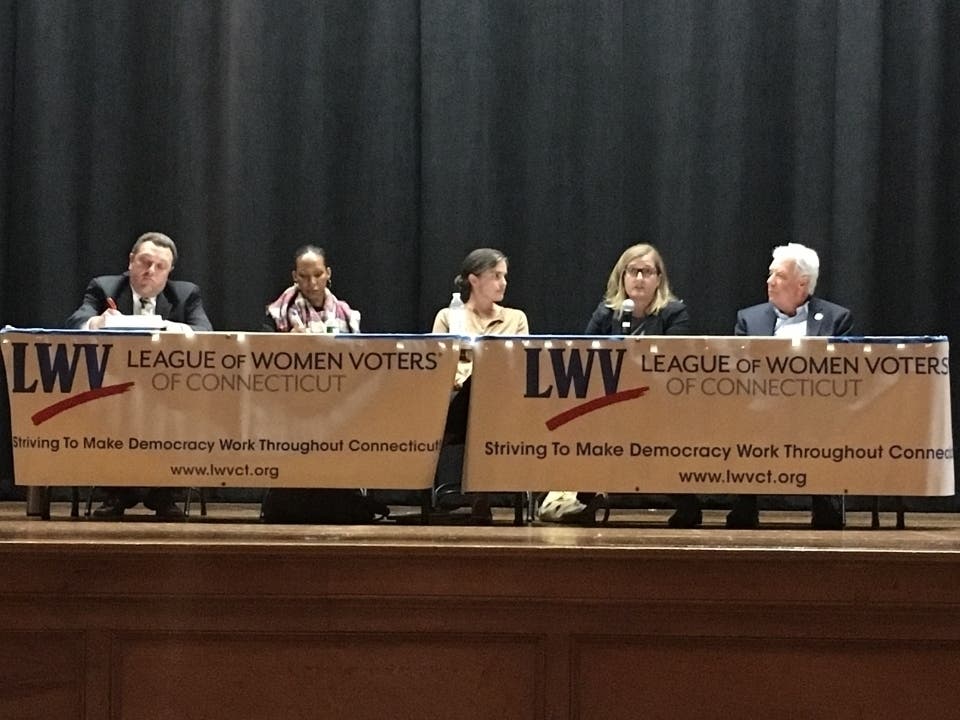 Stratford school board candidates attend a forum Tuesday at David Wooster Middle School.