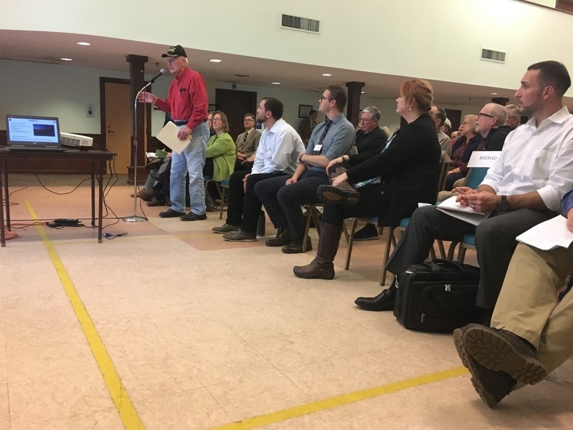 A resident speaks at a meeting Tuesday in Stratford.