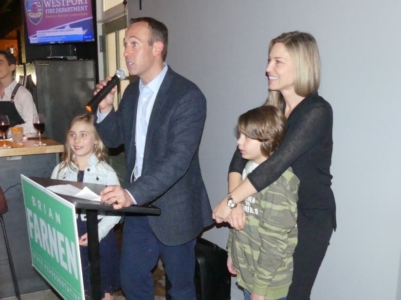 Brian Farnen addresses supporters at his victory party Tuesday.
