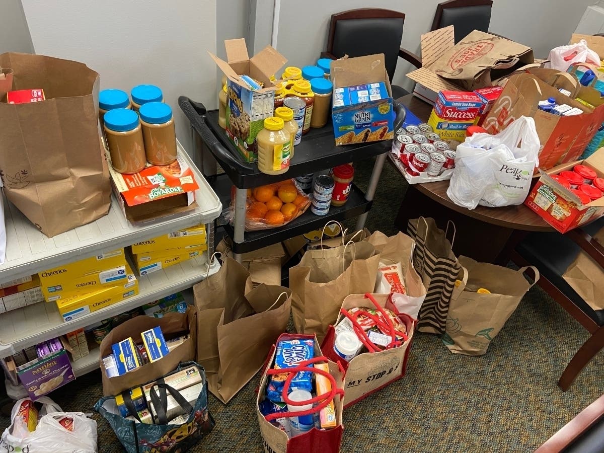 Food donations are seen Thursday at the Fairfield social services office.