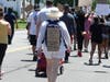 Demonstrators participate in a protest Saturday in Stratford.