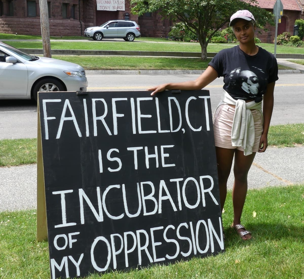 Ashley Crowe is seen Wednesday outside Old Town Hall in Fairfield.